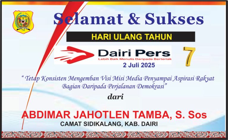 Iklan Ucapan Selamat HUT Dairi Pers ke 7 Dari Camat Sidikalang Kab. Dairi