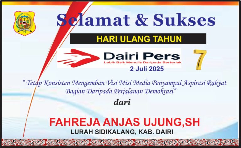 Iklan Ucapan Selamat HUT Dairi Pers ke 7 Dari Lurah Sidikalang Kab. Dairi