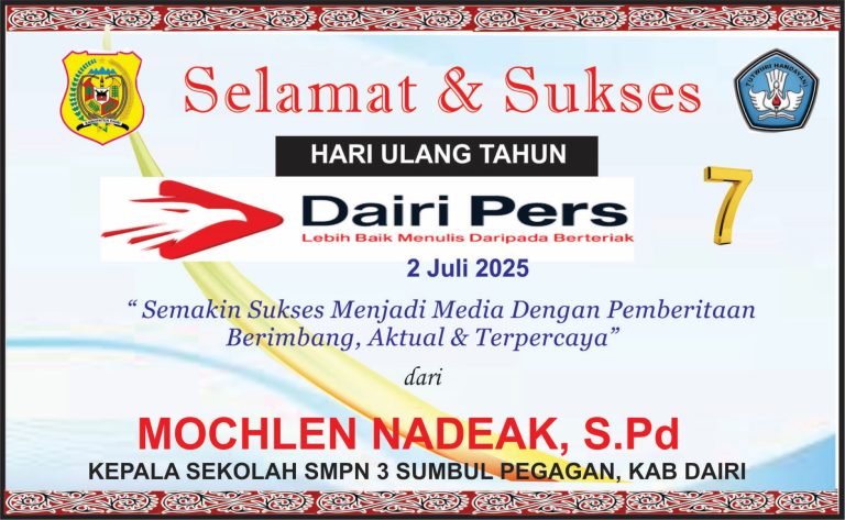 Iklan Ucapan Selamat HUT Dairi Pers ke 7 Kepala SMPN 3 Sumbul, Dairi