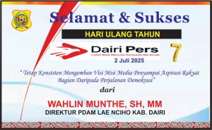 Iklan Ucapan Selamat HUT Dairi Pers ke 7 Dari Direktur PDAM Lae Nciho Kab. Dairi