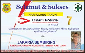 Iklan Ucapan Selamat HUT Dairi Pers ke 7 Dari Kepala Puskesmas Gunung Sitember Kab. Dairi
