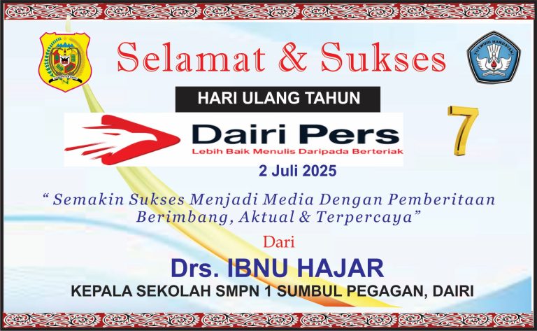 Iklan Ucapan Selamat HUT Dairi Pers ke 7 Kepala SMPN 1 Sumbul, Dairi