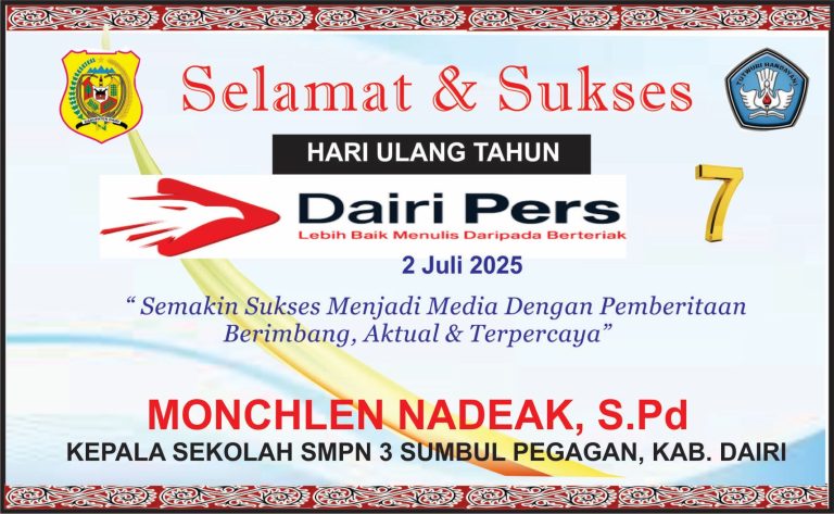 Iklan Ucapan Selamat HUT Dairi Pers ke 7 Kepala SMPN 3 Sumbul, Dairi