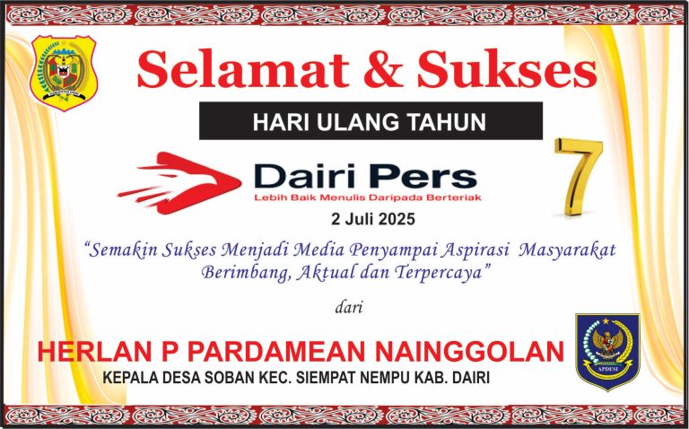 Iklan Ucapan Selamat HUT Dairi Pers ke 7 Dari Kepala Desa Soban Kab. Dairi