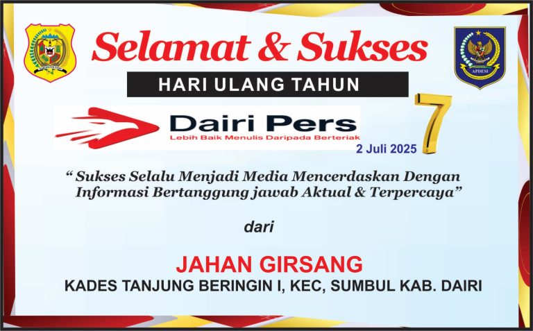 Iklan Ucapan Selamat HUT Dairi Pers ke 7 Dari Kepala Desa Tanjung Beringin I Kab. Dairi