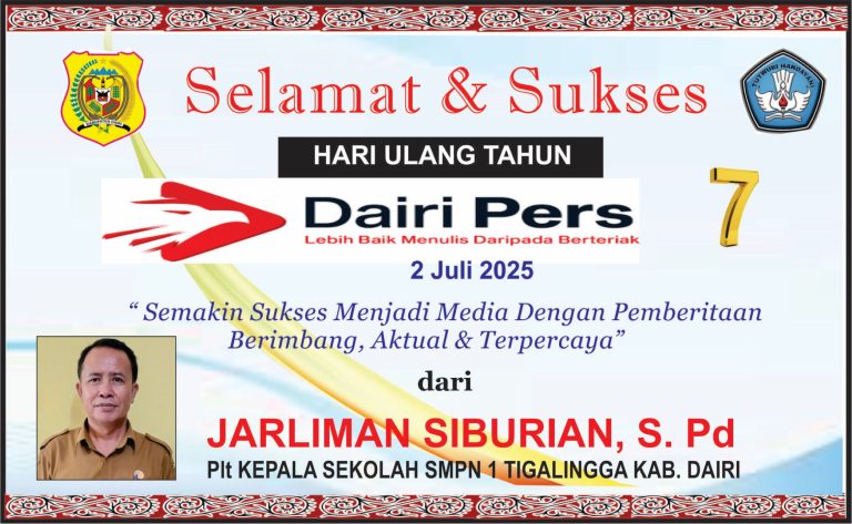 Iklan Ucapan Selamat HUT Dairi Pers ke 7 Dari Kepala SMPN 1 Tigalingga, Dairi