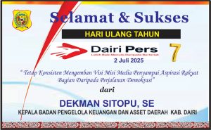 Iklan Ucapan Selamat HUT Dairi Pers ke 7 Dari Kepala BPPKAD Kab. Dairi
