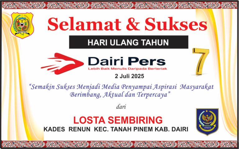 Iklan Ucapan Selamat HUT Dairi Pers ke 7 Dari Kepala Desa Renun, Tanah Pinem , Kab. Dairi