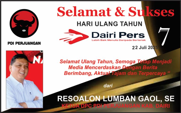 Iklan Ucapan Selamat HUT Dairi Pers ke 7 Dari Ketua DPC PDI Perjuangan Kab. Dairi