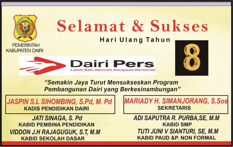 Iklan Ucapan Selamat & Sukses HUT Dairi Pers ke 8 dari Dinas Pendidikan Dairi