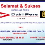 Iklan Ucapan Selamat & Sukses HUT Dairi Pers ke 8 dari Dinas Pariwisata Dairi