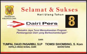 Iklan Ucapan Selamat & Sukses HUT Dairi Pers ke 8 dari Dinas Sosial Dairi