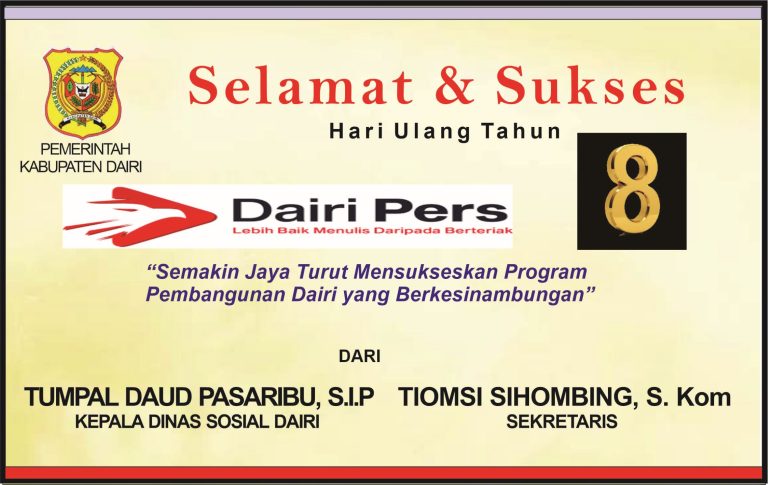 Iklan Ucapan Selamat & Sukses HUT Dairi Pers ke 8 dari Dinas Sosial Dairi