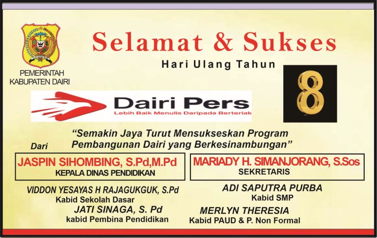 Iklan Ucapan Selamat & Sukses HUT Dairi Pers Ke 8 dari Dinas Pendidikan Dairi