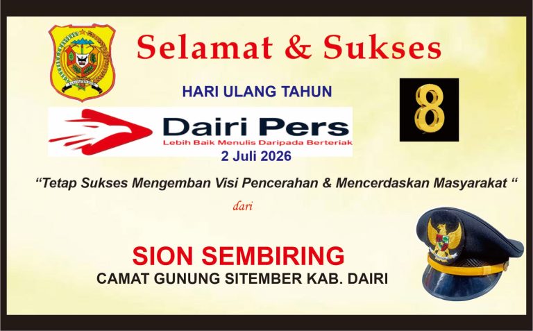 Iklan Ucapan Selamat & Sukses HUT Dairi Pers ke 8 dari Camat Gunung Sitember