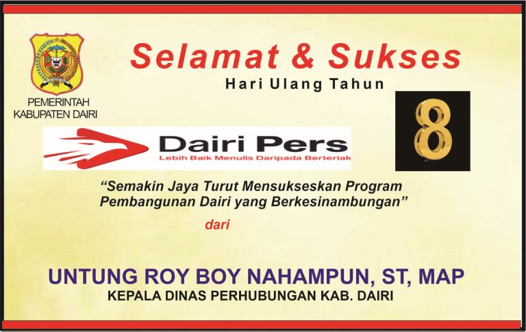 Iklan Ucapan Selamat & Sukses HUT Dairi Pers ke 8 dari Kepala Dinas Perhubungan Dairi