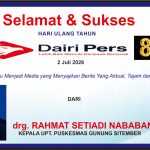 Iklan Ucapan Selamat & Sukses HUT Dairi Pers Ke 8 dari Kepala Puskesmas Gunung Sitember