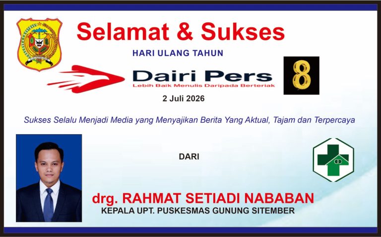 Iklan Ucapan Selamat & Sukses HUT Dairi Pers Ke 8 dari Kepala Puskesmas Gunung Sitember
