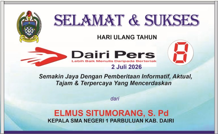 Iklan Ucapan Selamat & Sukses HUT Dairi Pers ke 8 dari Kepala SMAN 1 Parbuluan Kab. Dairi