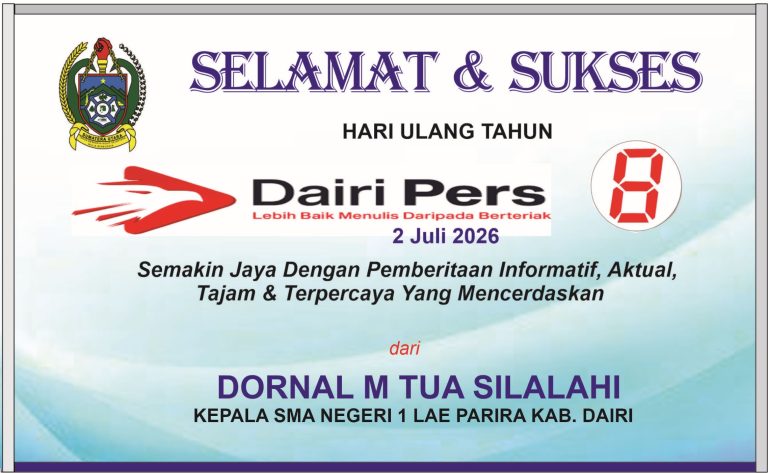 Iklan Ucapan Selamat & Sukses HUT Dairi Pers ke 8 dari Kepala SMAN 1 Lae Parira Kab. Dairi