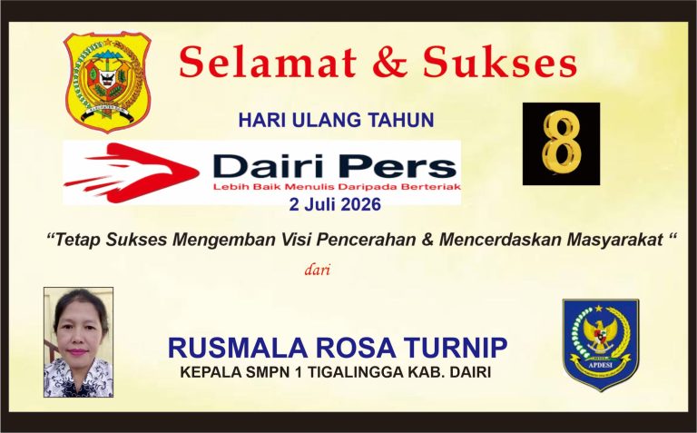 Iklan Ucapan Selamat & Sukses HUT Dairi Pers ke 8 dari Kepala SMPN 1 Tigalingga