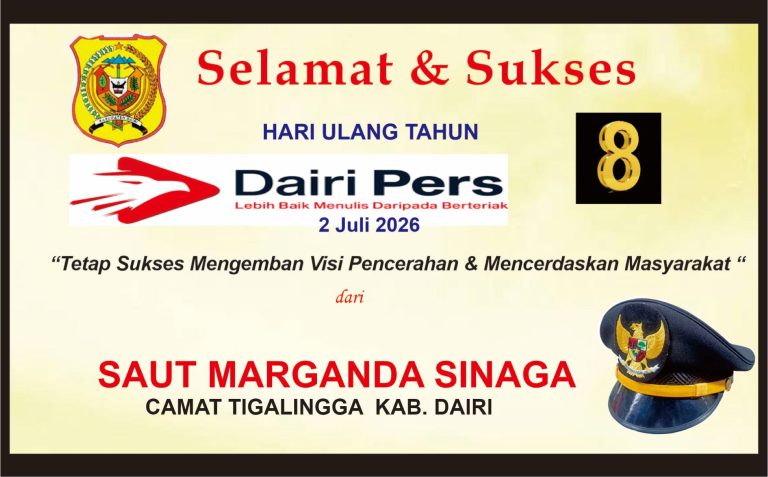 Iklan Ucapan Selamat & Sukses HUT Dairi Pers ke 8 dari Camat Tigalingga