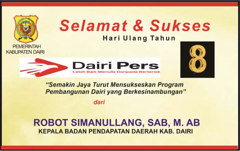 Iklan Ucapan Selamat & Sukses HUT Dairi Pers ke 8 dari Kepala Bapenda Dairi