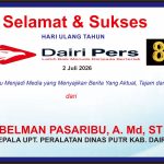Iklan Ucapan Selamat & Sukses HUT Dairi Pers ke 8 dari UPT. Peralatan Dinas PUTR Dairi