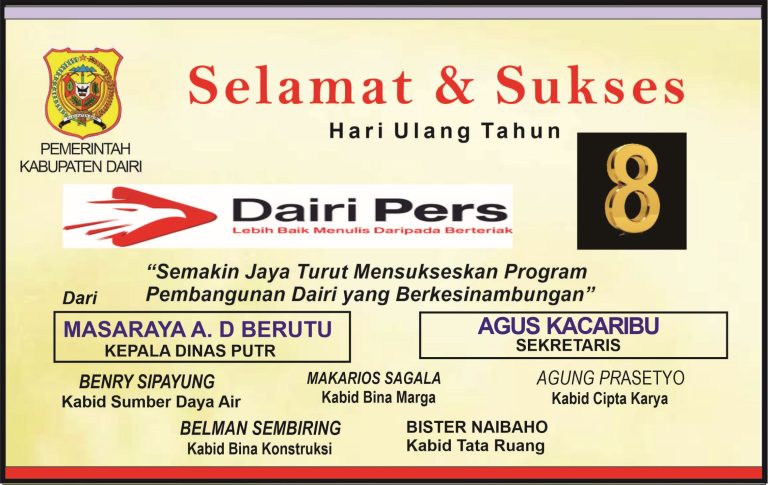 Iklan Ucapan Selamat & Sukses HUT Dairi Pers Ke 8 dari Dinas PUTR Dairi