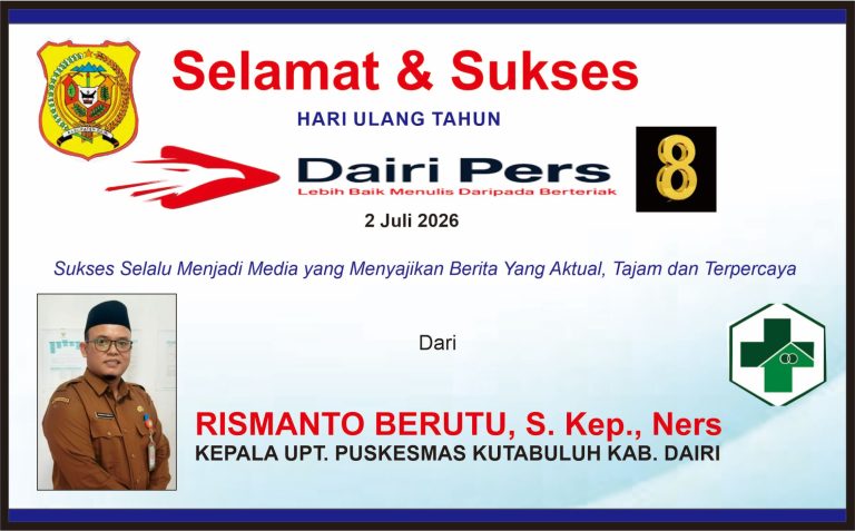 Iklan Ucapan Selamat & Sukses HUT Dairi Pers Ke 8 Dari Kepala UPT Puskesmas Kutabuluh