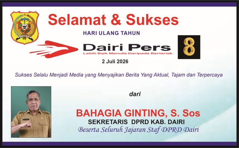 Iklan Ucapan Selamat & Sukses HUT Dairi Pers ke 8 dari Sekwan DPRD Dairi