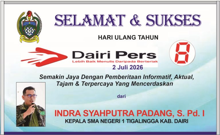 Iklan Ucapan Selamat & Sukses HUT Dairi Pers ke 8 dari Kepala SMAN 1 Tigalingga