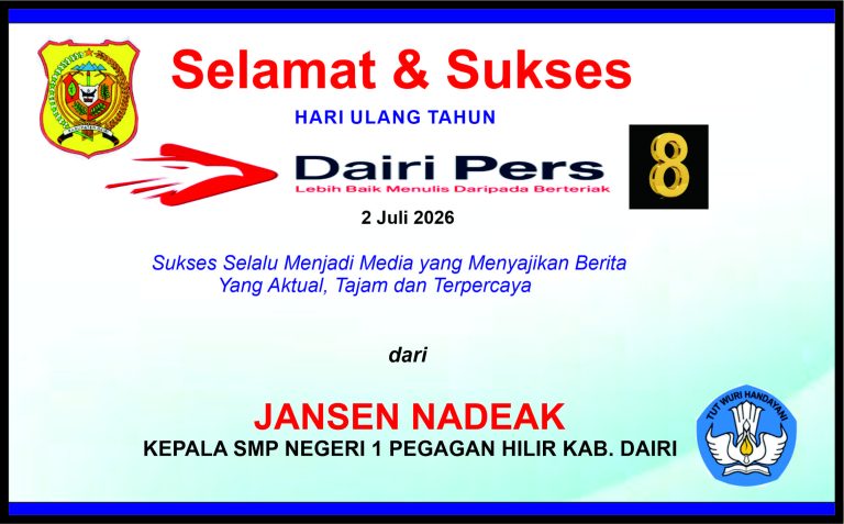 Iklan Ucapan Selamat & Sukses HUT Dairi Pers ke 8 dari Kepala SMPN 1 Pegagan Hilir