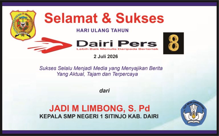 Iklan Ucapan Selamat & Sukses HUT Dairi Pers ke 8 dari Kepala SMPN 1 Sitinjo